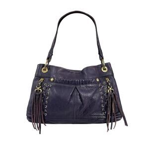 B Makowsky Moto Tassel Shoulder Bag Leather Y2K Purple East West Satchel Concert